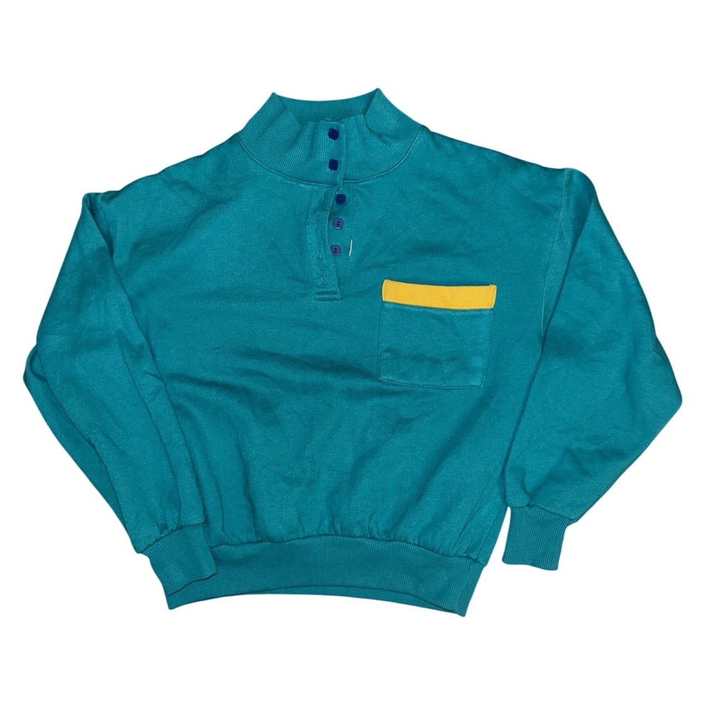 Vintage Silvercord Petites Teal Henley Sweatshirt Mock Neck Yellow Trim Retro